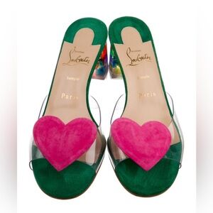 Christian Louboutin Green Suede Sandals with Pink Heart Accents